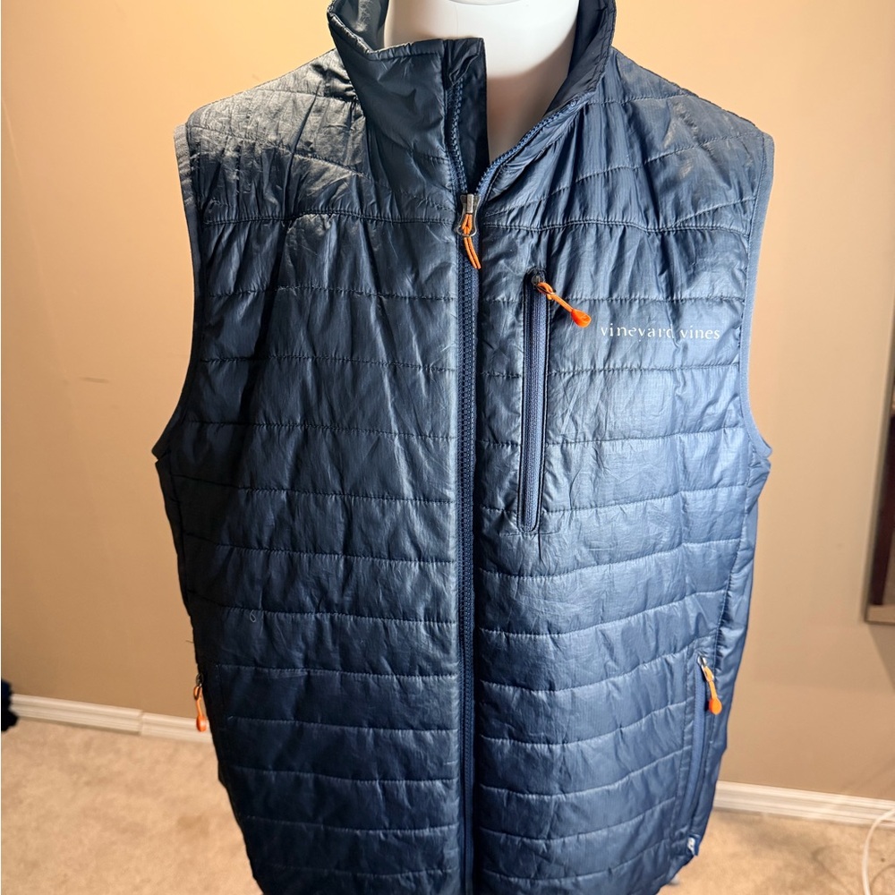 Vineyard Vines Men's Navy Quilted Vest with Orange Zipper Pulls